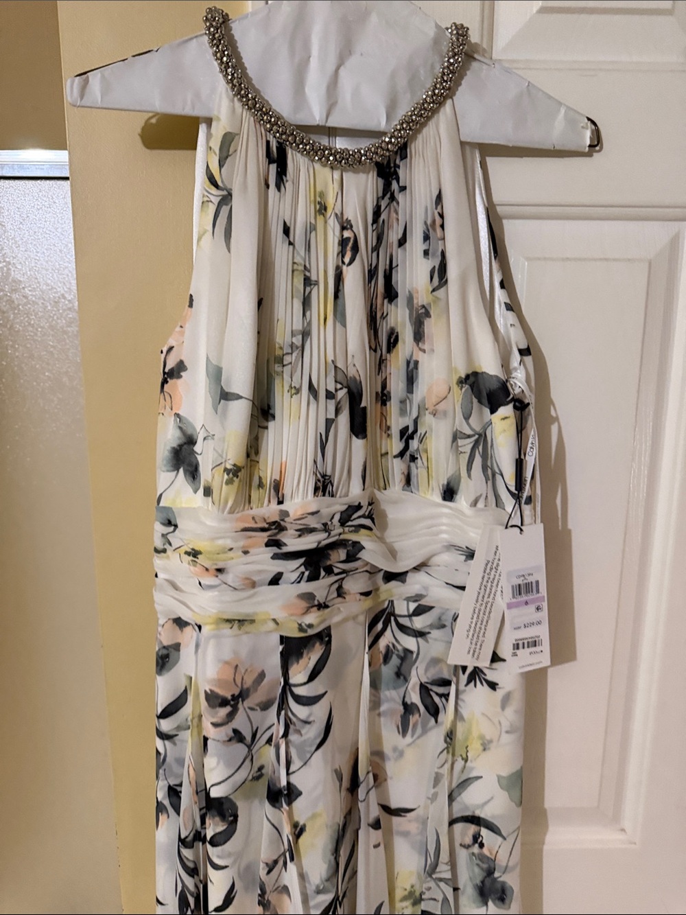 Calvin Klein White Floral Halter Dress with Black and Green Accents